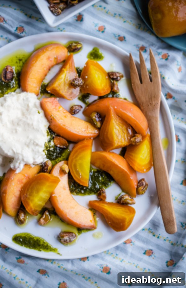 Summer's Blush Burrata: Roasted Beet, Peach, Basil Oil & Candied Pistachios 1 featured 15685