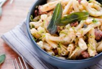 Strozzapreti with Pork Sausage, Crisp Brussels, and Fresh Sage