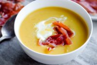 Velvety Butternut Leek Soup with Prosciutto Crisps and Crème Fraîche