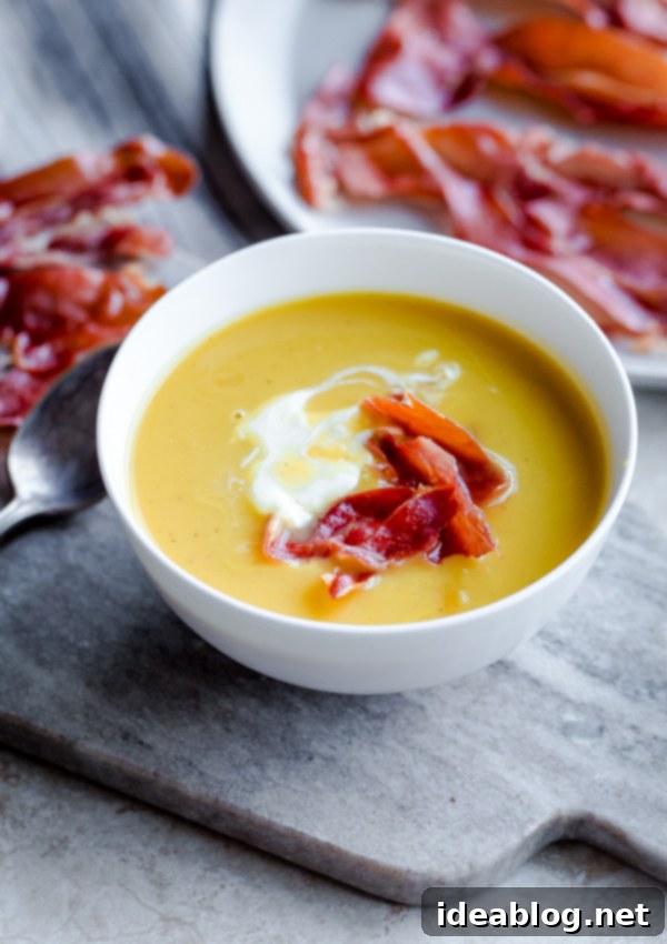 Velvety Butternut Leek Soup with Prosciutto Crisps and Crème Fraîche 1 featured 19263