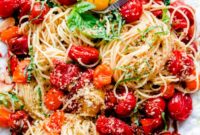 Roasted Tomato Basil Spaghettini with Garlic Breadcrumb Crunch