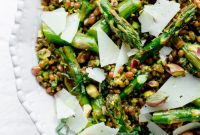 Roasted Asparagus Wheat Berry Salad with Zesty Arugula Pistachio Pesto
