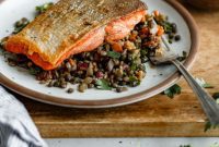 Golden Seared Salmon with Bright Caper-Herb Vinaigrette and Hearty French Lentil Salad