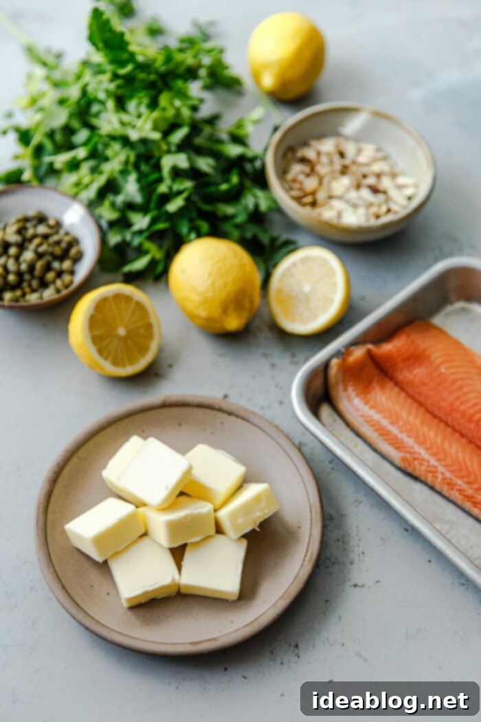 Almond-Kissed Trout 3 Trout Almondine Ingredients on a wooden board