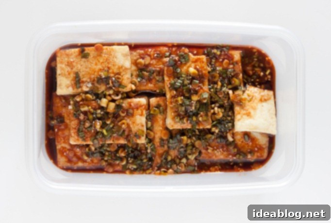 Korean Tofu: A Savory Simmer 2 Traditional Korean Braised Tofu, known as Dubu Jorim, plated beautifully with scallions and sesame seeds.