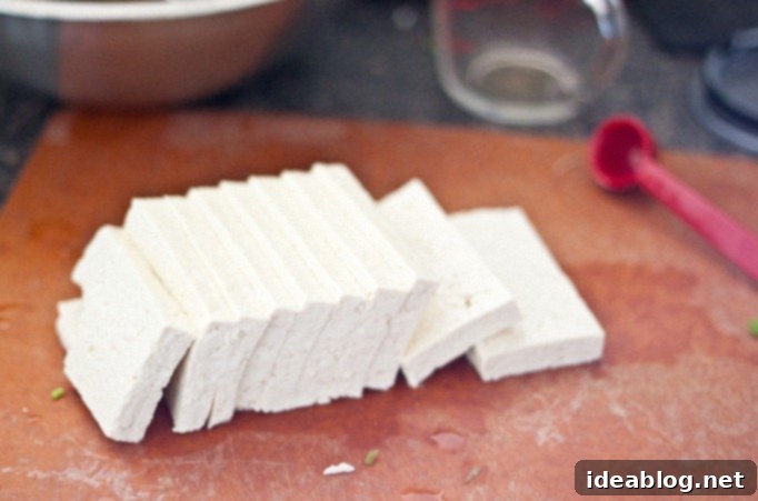 Korean Tofu: A Savory Simmer 3 Slices of firm tofu prepared for braising in the rich Korean sauce.