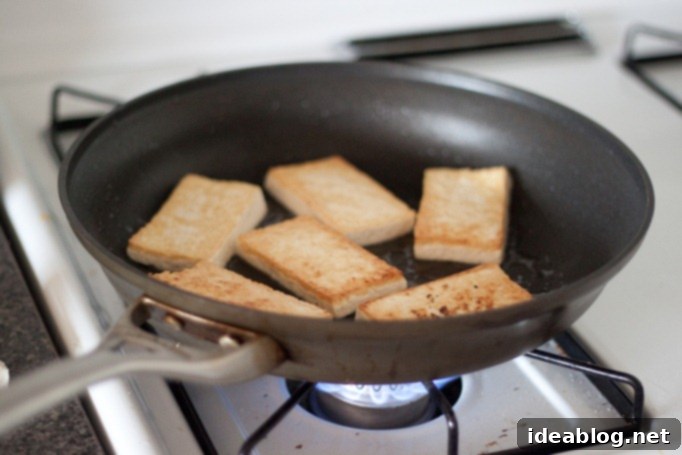Korean Tofu: A Savory Simmer 6 Perfectly seared tofu slices, golden brown and ready to absorb the rich Korean marinade.