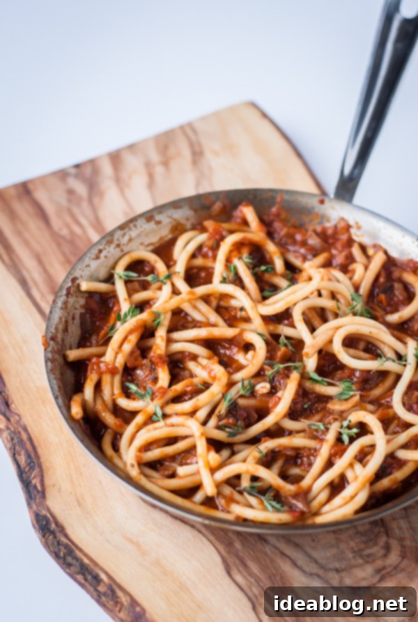 Bucatini with Earthy Porcini Mushroom Ragu 3 Serving of Bucatini with Porcini Mushroom Ragu on a white plate