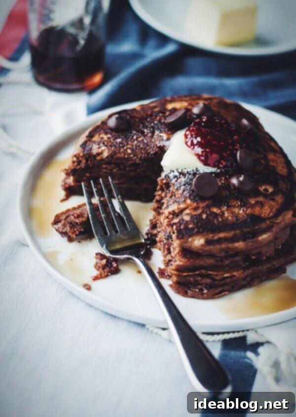 Luscious Chocolate Raspberry Swirl Pancakes 4 Chocolate raspberry swirl pancakes on a plate, ready to be served