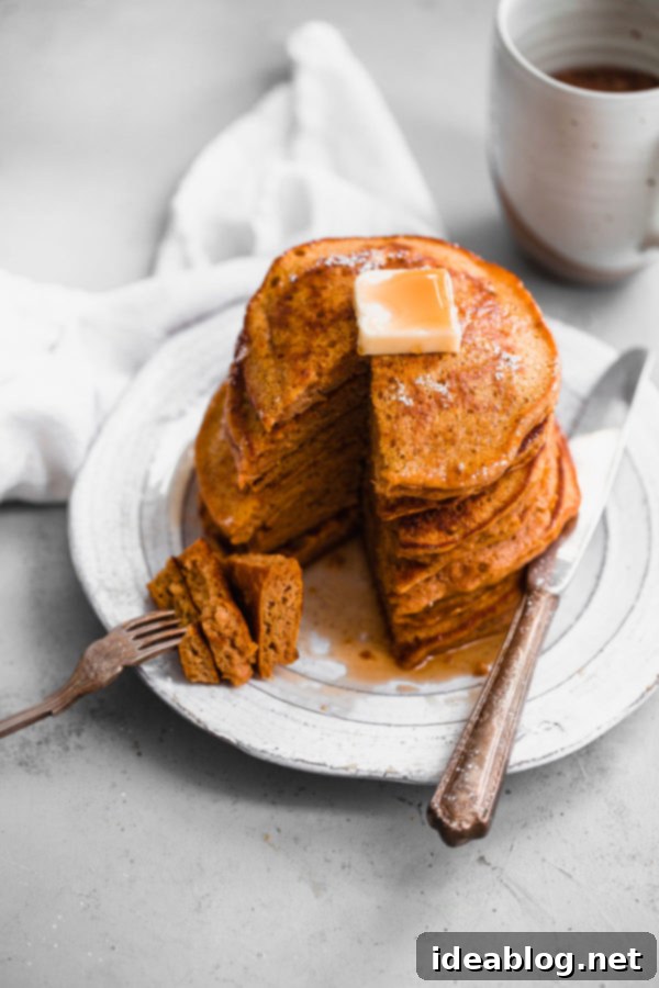 Pumpkin Souffle Pancakes. These lightly spiced pumpkin pancakes get their fluffy texture from the addition of whipped egg whites. A family favorite for years! Pumpkin Pancake Stack