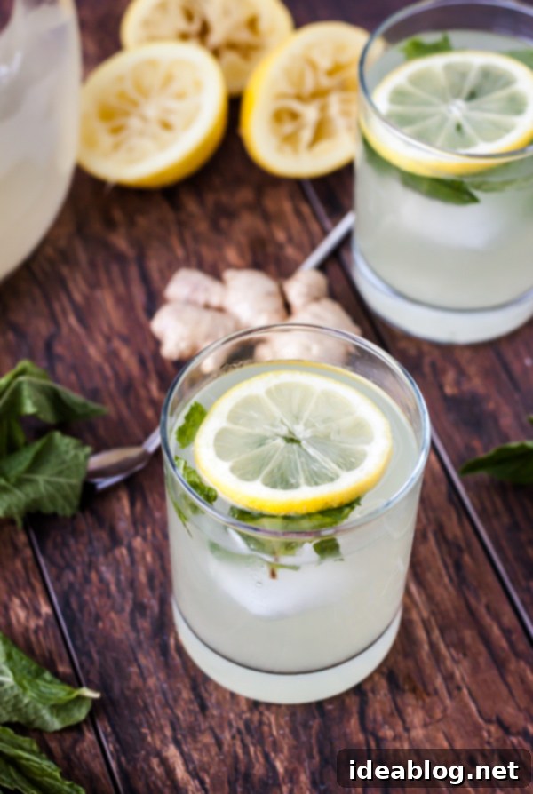 Zesty Ginger Mint Refresher 5 Fresh Mint Ginger Lemonade poured into a glass with lemon slices