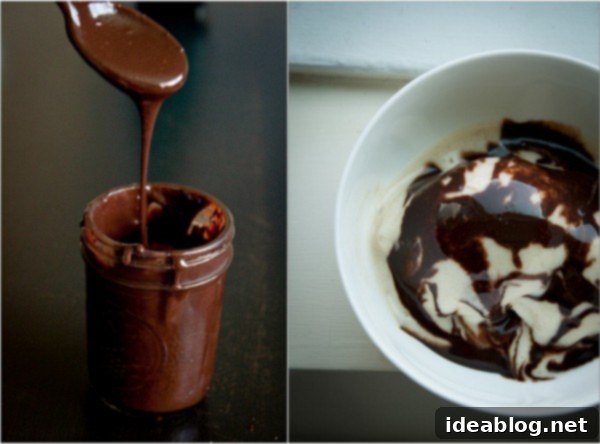 Wintermint Chocolate Elixir 4 A bowl of vanilla ice cream drizzled with homemade chocolate peppermint syrup, garnished with a sprig of mint.