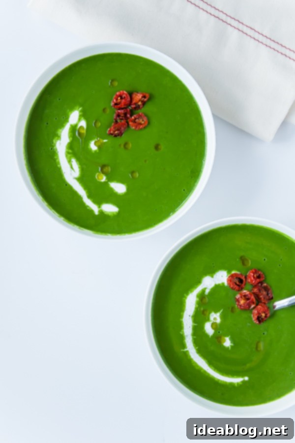 Garden Fresh Spinach Soup with Minted Peas and Cilantro 6 Fresh Spinach Soup with Minted Pea and Cilantro, garnished with oven-dried tomatoes