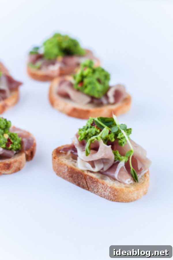 Sweet Pea and Prosciutto Crostini Bites 2 Pea Pesto Crostini with Prosciutto