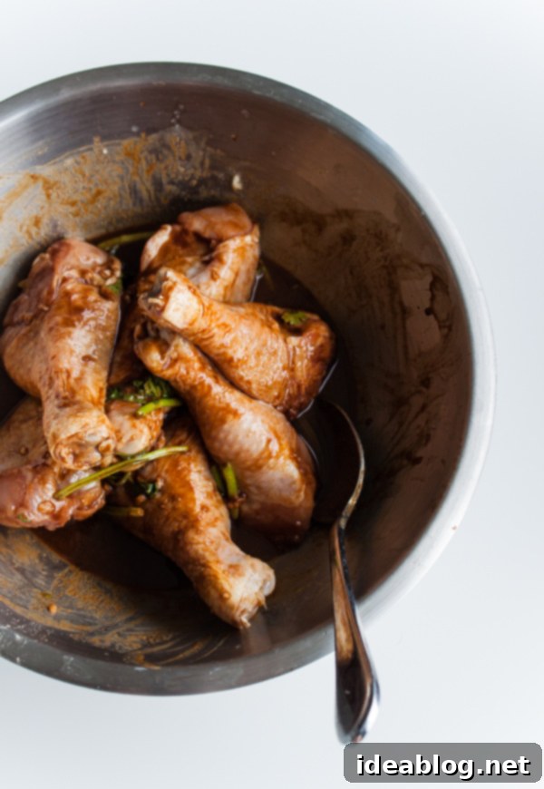Ginger Peanut Glazed Drumsticks 3 Marinated Chicken Drumsticks in Bowl