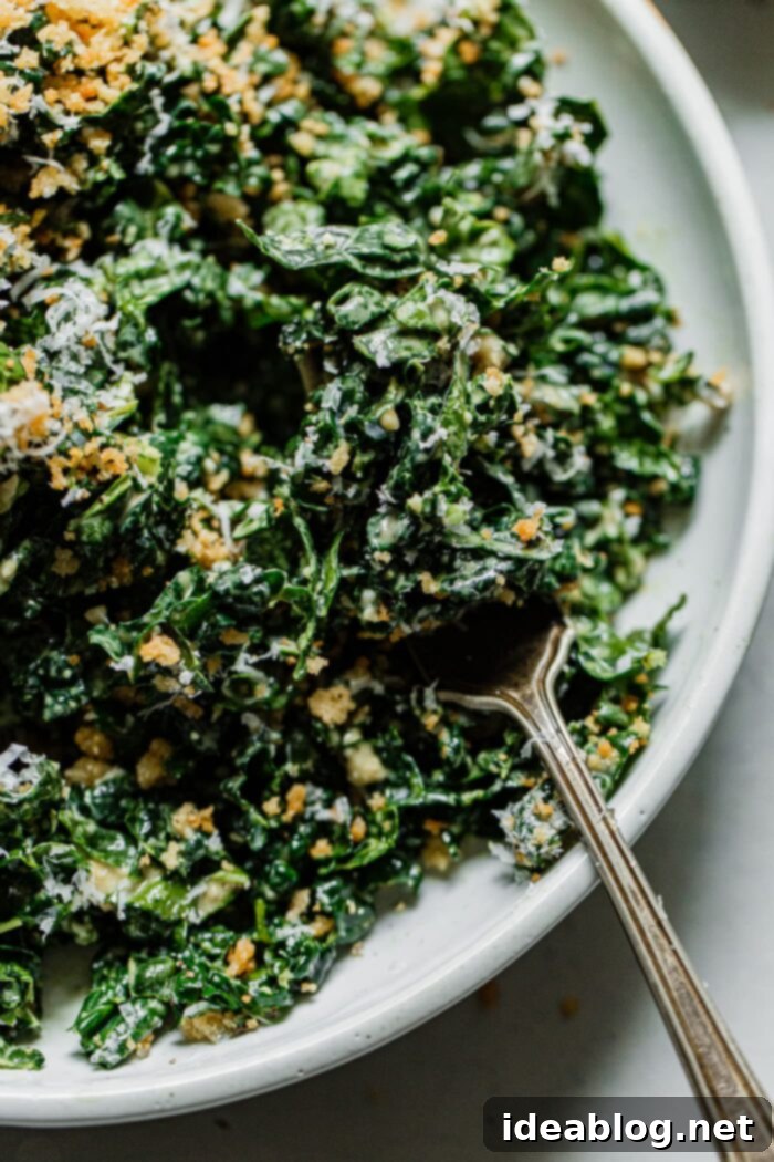 Vibrant Kale Caesar 12 Finished Kale Caesar Salad with Crispy Bread Crumbs, ready to serve