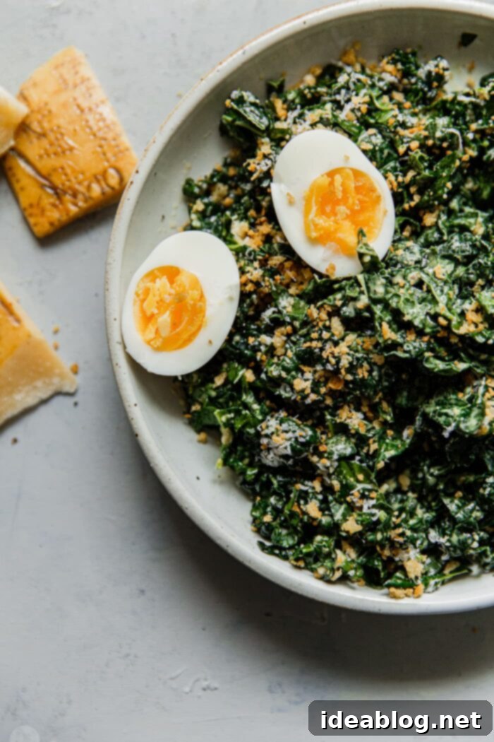 Vibrant Kale Caesar 13 Hearty Kale Caesar Salad topped with sliced hard-boiled eggs and crispy breadcrumbs