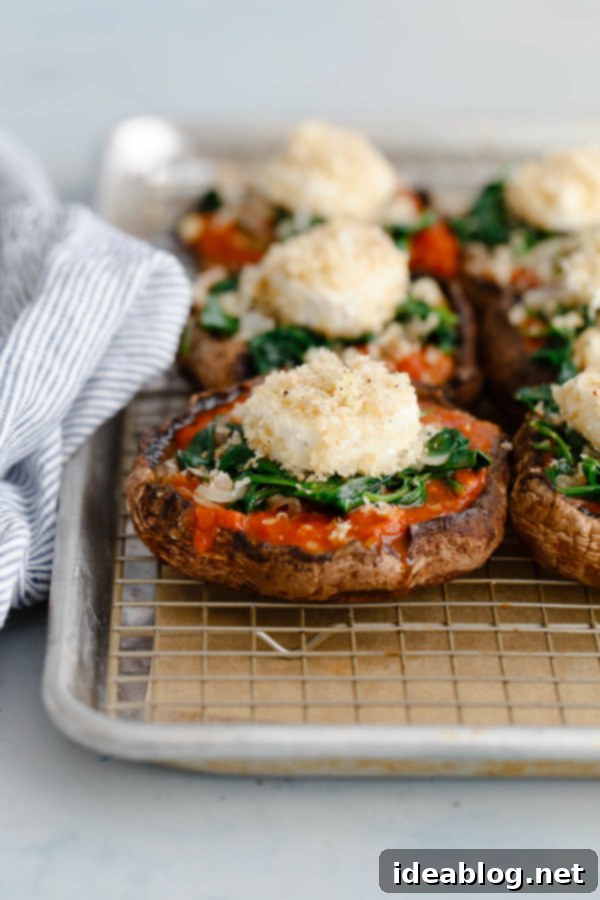 Crispy Chèvre-Topped Stuffed Portobello Caps 2 Stuffed Portobello Mushrooms, perfectly baked and garnished