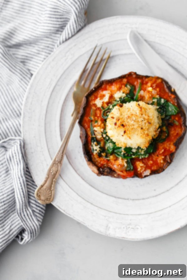 AMAZING Stuffed Portobello Mushrooms topped with marinara sauce, spinach, and crispy goat cheese. A DELICIOUS and easy vegetarian main course! #goatcheese #vegetarian #portobellomushrooms #stuffedmushrooms #spinach #marinara #abeautifulplate A single Stuffed Portobello Mushroom on a white plate, garnished with fresh herbs