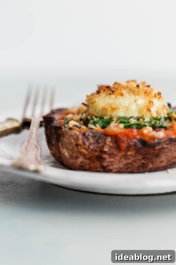 AMAZING Stuffed Portobello Mushrooms topped with marinara sauce, spinach, and crispy goat cheese. A DELICIOUS and easy vegetarian main course! #goatcheese #vegetarian #portobellomushrooms #stuffedmushrooms #spinach #marinara #abeautifulplate A beautifully plated Stuffed Portobello Mushroom, ready to be enjoyed