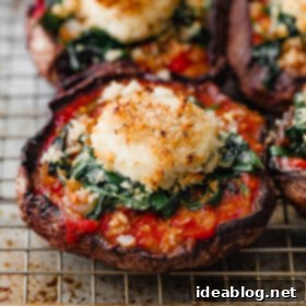 Crispy Chèvre-Topped Stuffed Portobello Caps 4 Stuffed Portobello Mushroom with crispy goat cheese and marinara