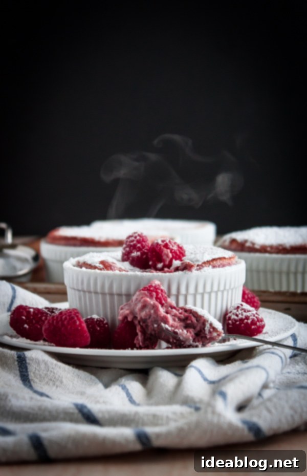 Raspberry Soufflés - a classic French raspberry soufflé recipe made with fresh raspberry puree! This beautiful pink soufflé makes an elegant summer time dessert! #souffle #abeautifulplate #raspberry #recipe #pastry #desserts Raspberry Soufflés