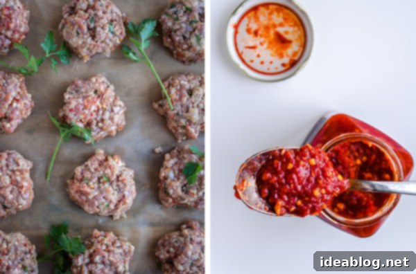 Fiery Harissa Lamb Meatballs with Cool Feta 4 Process of making Spicy Harissa Lamb Meatballs with Feta, showing ingredients ready for mixing