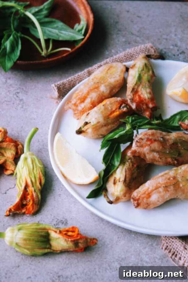 Basil Ricotta-Stuffed Golden Zucchini Blossoms 5 Fried Zucchini Blossoms Stuffed with Basil Ricotta