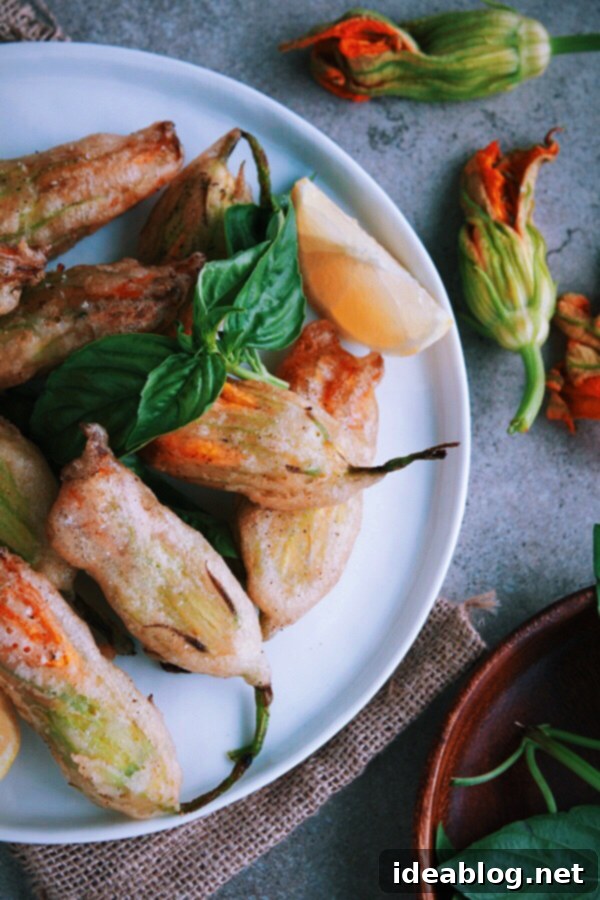 Basil Ricotta-Stuffed Golden Zucchini Blossoms 7 Fried Zucchini Blossoms Stuffed with Basil Ricotta