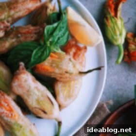 Basil Ricotta-Stuffed Golden Zucchini Blossoms 8 Fried Zucchini Blossoms Stuffed with Basil Ricotta