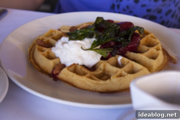 A Week in the City by the Bay 4 Flora brunch: Cornmeal waffle with burrata, roasted strawberries, almonds, and fried basil