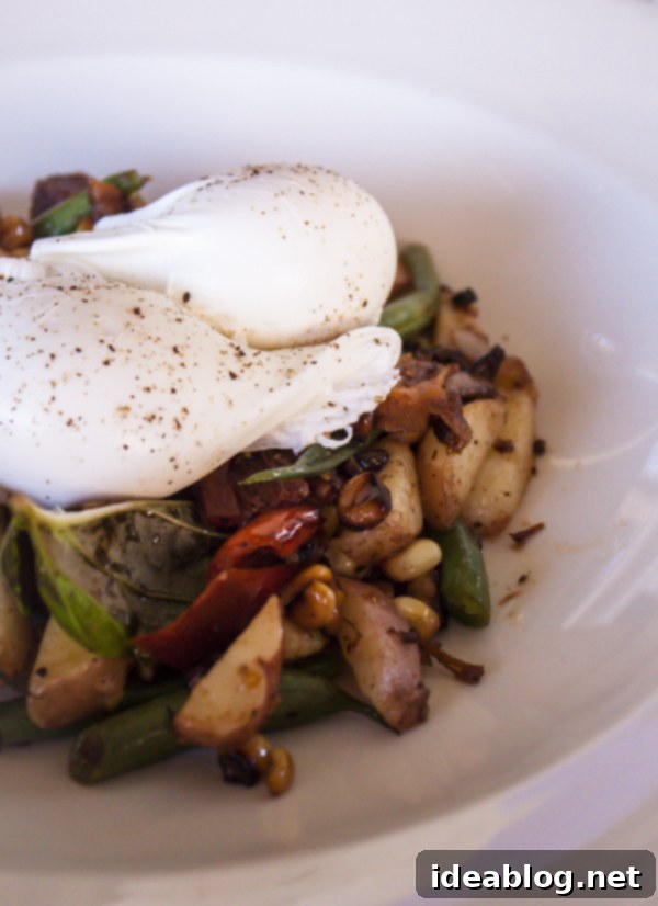 A Week in the City by the Bay 5 Flora brunch: Confit Pork Shoulder Hash with Gypsy Peppers, Corn, Green Beans, Potatoes, Cherry Tomatoes, Basil, and Poached Eggs