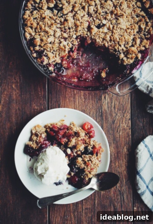 Sour Cherry Crisp with Mixed Berries - this delicious sour cherry crisp recipe is made with a combination of fresh sour cherries, blackberries, and blueberries. Topped with an rolled oat crisp topping, it tastes fantastic served warm with vanilla ice cream! #sourcherry #recipe #crisp #abeautifulplate #dessert Sour Cherry Crisp with Vanilla Ice Cream