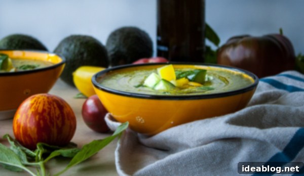 Velvety Heirloom Tomato and Avocado Gazpacho 6 Creamy Heirloom Tomato and Avocado Gazpacho ready to be served