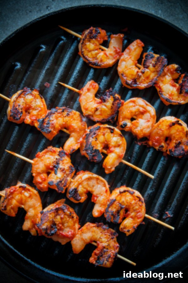 Fiery Harissa Shrimp Skewers with Zesty Basil Oil 5 Grilled Harissa Shrimp Skewers on Grill Pan