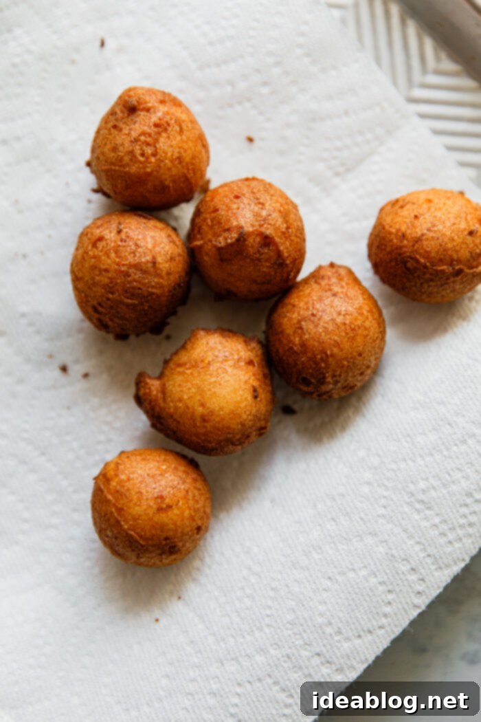 Lemon Cardamom Ricotta Donuts 11 Freshly fried golden brown ricotta donut holes resting on a paper towel-lined plate to drain excess oil.