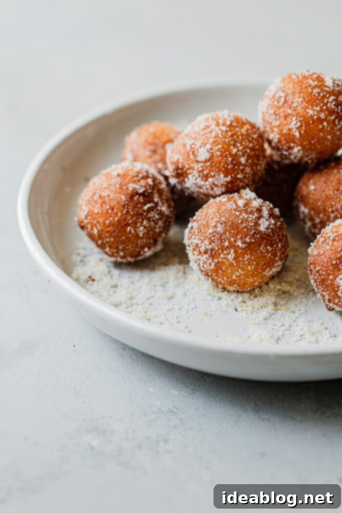 Lemon Cardamom Ricotta Donuts 3 Freshly fried Ricotta Donut Holes rolled in aromatic lemon cardamom sugar, showcasing their light, fluffy texture and golden coating.