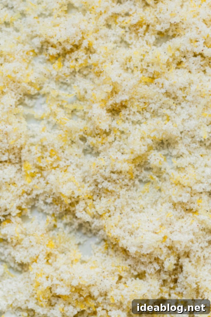 Lemon Cardamom Ricotta Donuts 4 Close-up of freshly prepared lemon cardamom sugar mixture, a fragrant topping for ricotta donut holes.