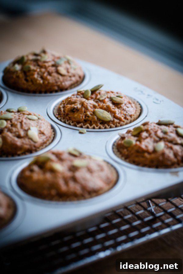 Golden Harvest Pumpkin Carrot Pecan Muffins 5 Freshly Baked Healthy Pumpkin Carrot Pecan Muffins on a Cooling Rack