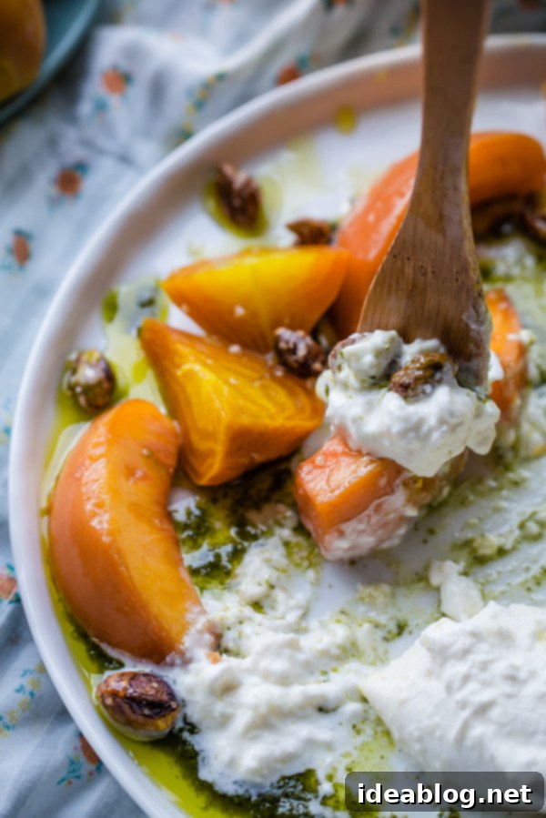 Summer's Blush Burrata: Roasted Beet, Peach, Basil Oil & Candied Pistachios 6 Assembled Roasted Beet, Peach, and Burrata Salad