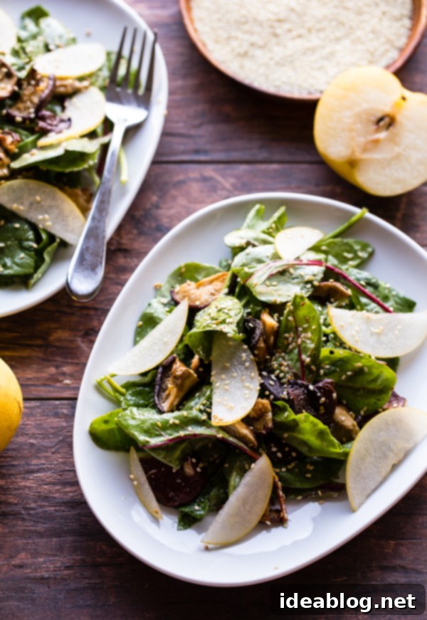 Asian Pear and Roasted Shiitake Salad with Miso-Sesame Umami Vinaigrette 2 Roasted Shiitake and Asian Pear Salad with Miso-Sesame Vinaigrette