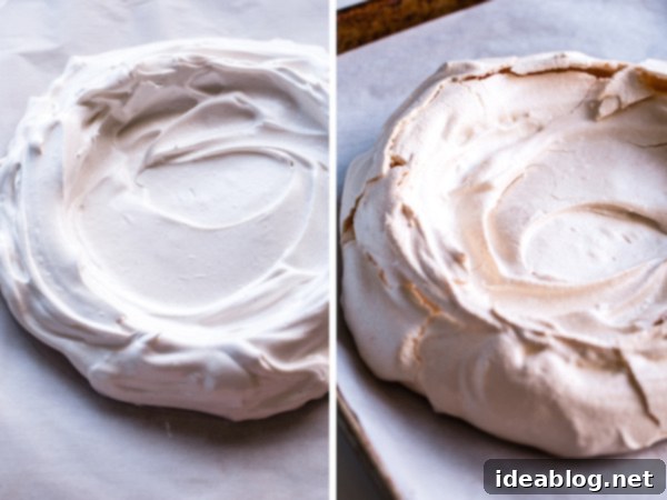 Berry Burst Pavlova with Vanilla Whipped Cream 4 Raw and Baked Pavlova Meringue Side by Side