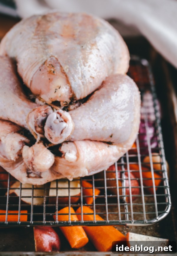 Effortless Herb-Roasted Chicken with Seasonal Vegetables 4 Close-up of a succulent, herb-roasted chicken with perfectly golden, crispy skin, nestled amongst a vibrant mix of roasted carrots, potatoes, and onions, fresh out of the oven.