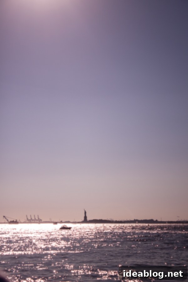 The Fleeting Pulse 10 The iconic Statue of Liberty standing proudly in New York Harbor, viewed from the Brooklyn side.