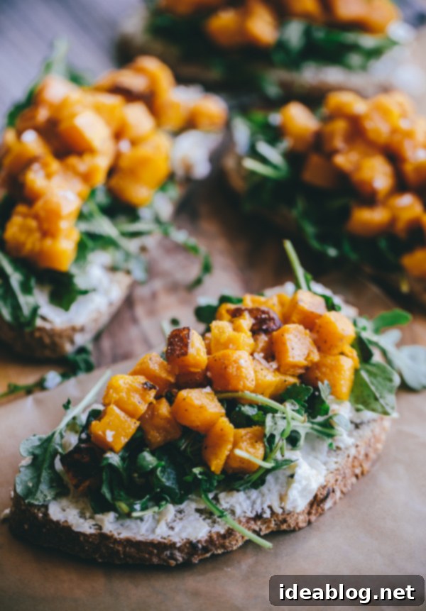 Autumn Squash Tartine with Garlic Chevre & Arugula 4 Butternut Squash Tartine with Roasted Garlic Goat Cheese and Arugula
