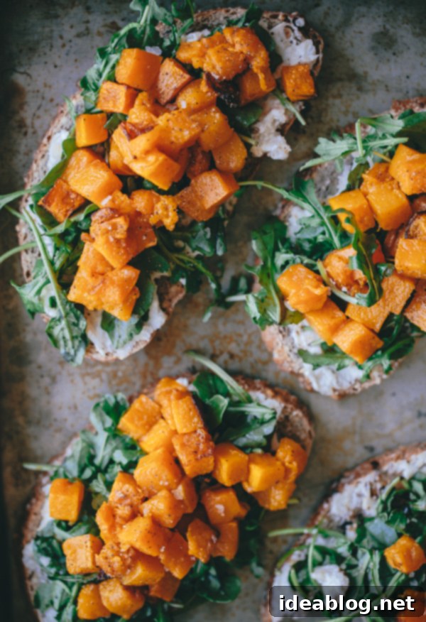 Autumn Squash Tartine with Garlic Chevre & Arugula 6 Butternut Squash Tartine with Roasted Garlic Goat Cheese and Arugula