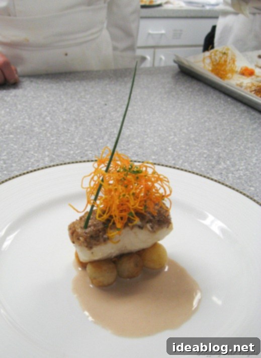 Day 49 Halibut Stuffed Artichokes Banana Flambé 2 Perfectly crusted halibut served with olive beurre blanc, fried carrots, and sautéed potatoes