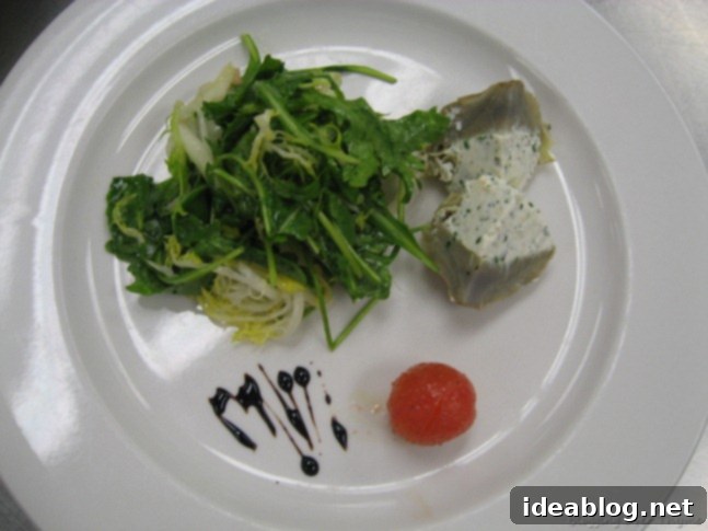 Day 49 Halibut Stuffed Artichokes Banana Flambé 3 Gourmet artichoke hearts stuffed with goat cheese, served with a frisee and arugula salad