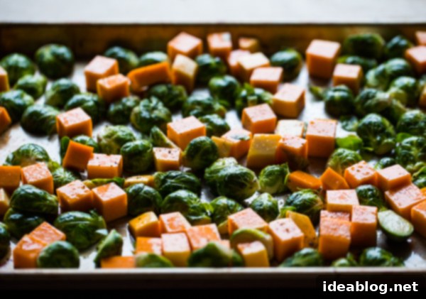 Roasted Brussels Sprouts and Squash with Dried Cranberries and Dijon Vinaigrette. This colorful Thanksgiving side dish recipe is easy and loved by all! #thanksgiving #vegetarian #sidedish #fall #holiday #recipe #abeautifulplate #squash #brusselssprouts Chopped Brussels Sprouts and Butternut Squash on half sheet pan