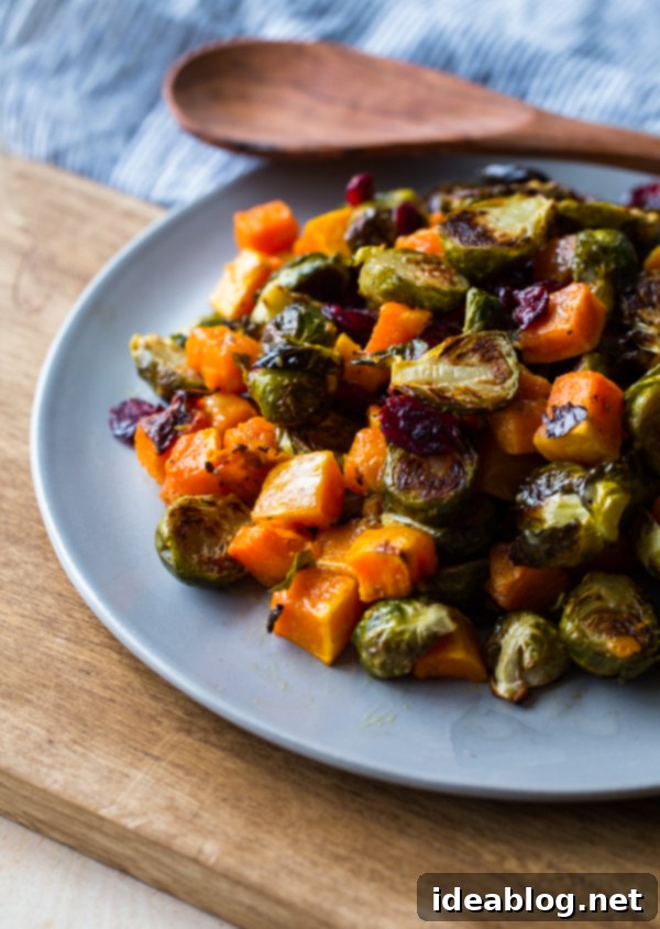 Roasted Brussels Sprouts and Squash with Dried Cranberries and Dijon Vinaigrette. This colorful Thanksgiving side dish recipe is easy and loved by all! #thanksgiving #vegetarian #sidedish #fall #holiday #recipe #abeautifulplate #squash #brusselssprouts Roasted Brussels Sprouts and Squash with Dried Cranberries and Dijon Vinaigrette